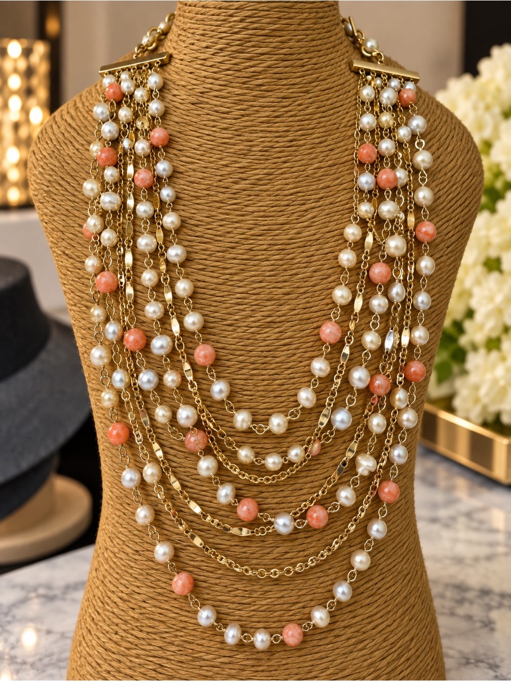 Multi-Strand Pink Pearl & Gold Chain Statement Necklace